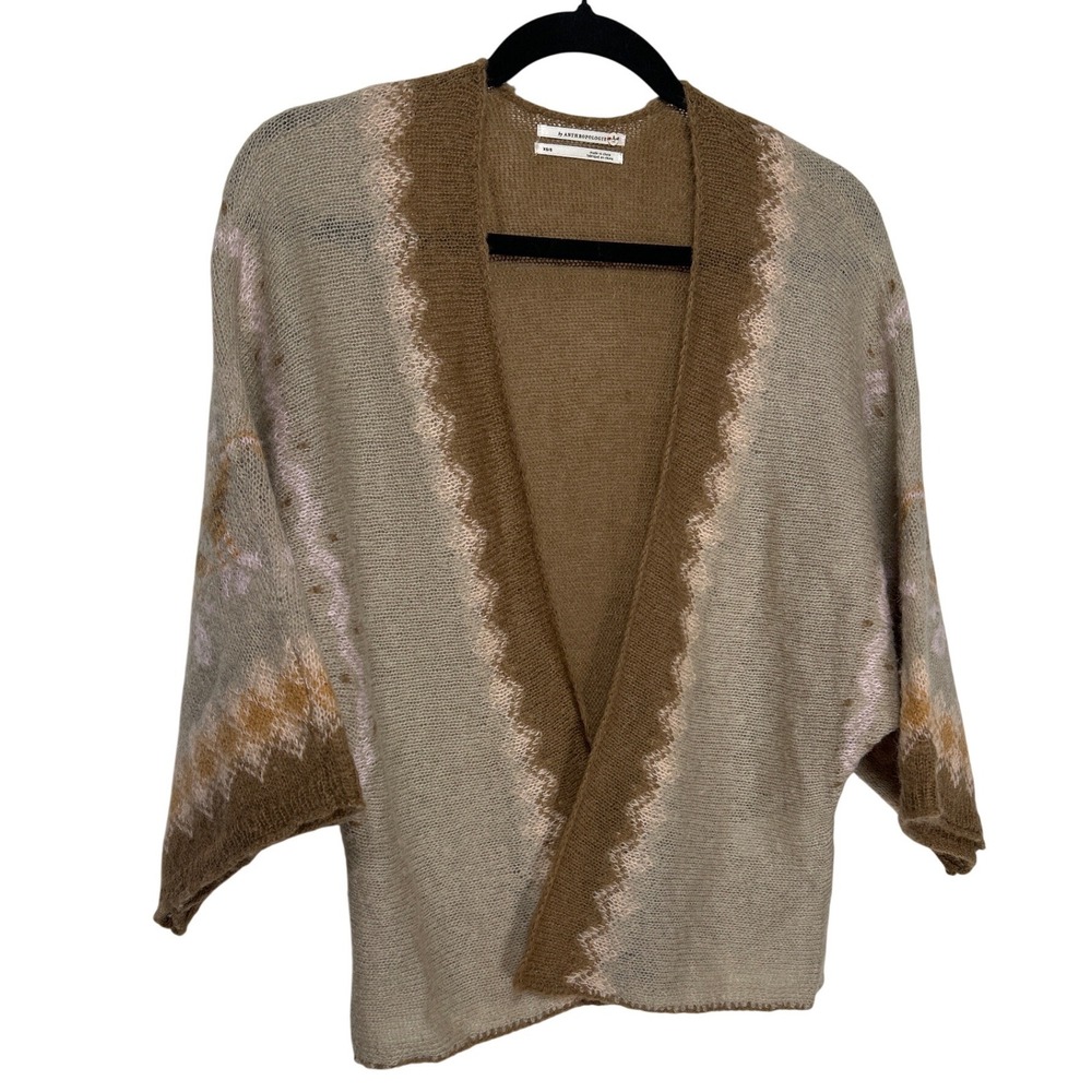 Anthropologie Wool Blend Open Front Cardigan Sweater Tan Brown Pink XS S Boho